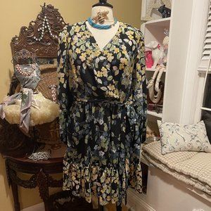 NWT Bleeker 126 22W Dress - Black with soft muted Blues & Greens with Yellow